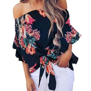 Women’s Floral Off-Shoulder Bell Sleeve Tie Knot Top Blouse